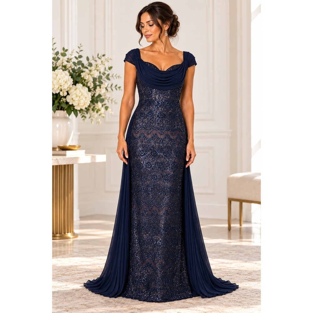 Tadashi Shoji CFC24348L Gown Womens 10 Navy Paillette Lace Off Shoulder NWT
